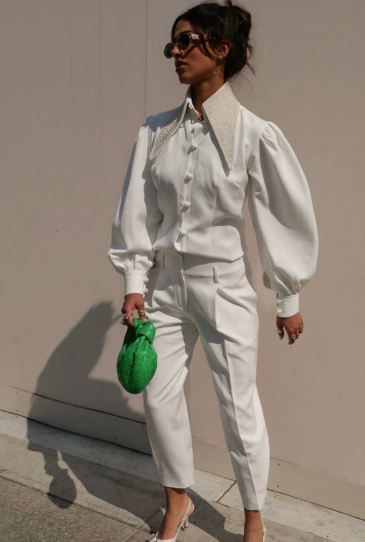 White Oversized Pearl Collar Shirt