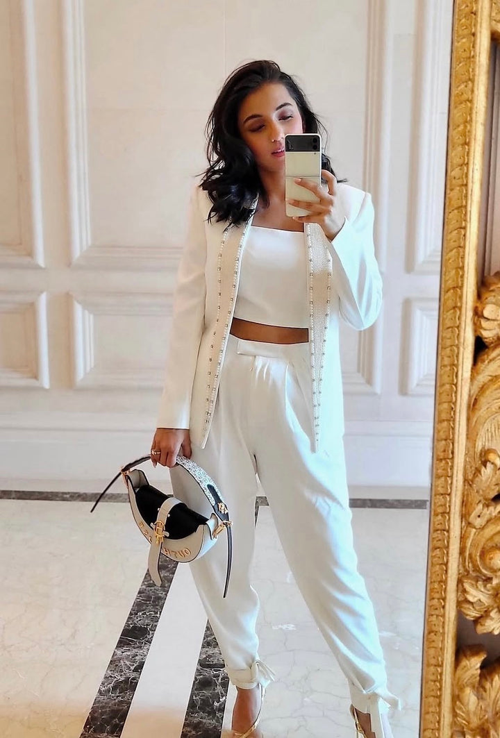 White Embellished Lapel Blazer