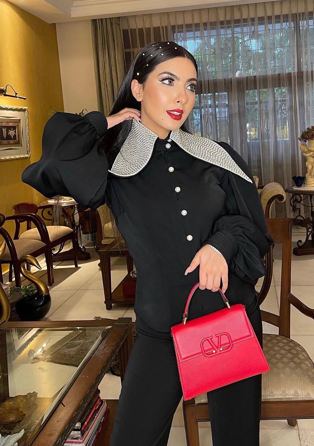 Black Oversized Pearl Collar Shirt