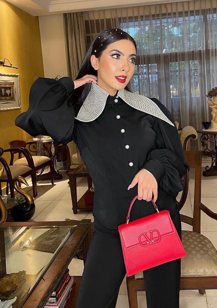 Black Oversized Pearl Collar Shirt