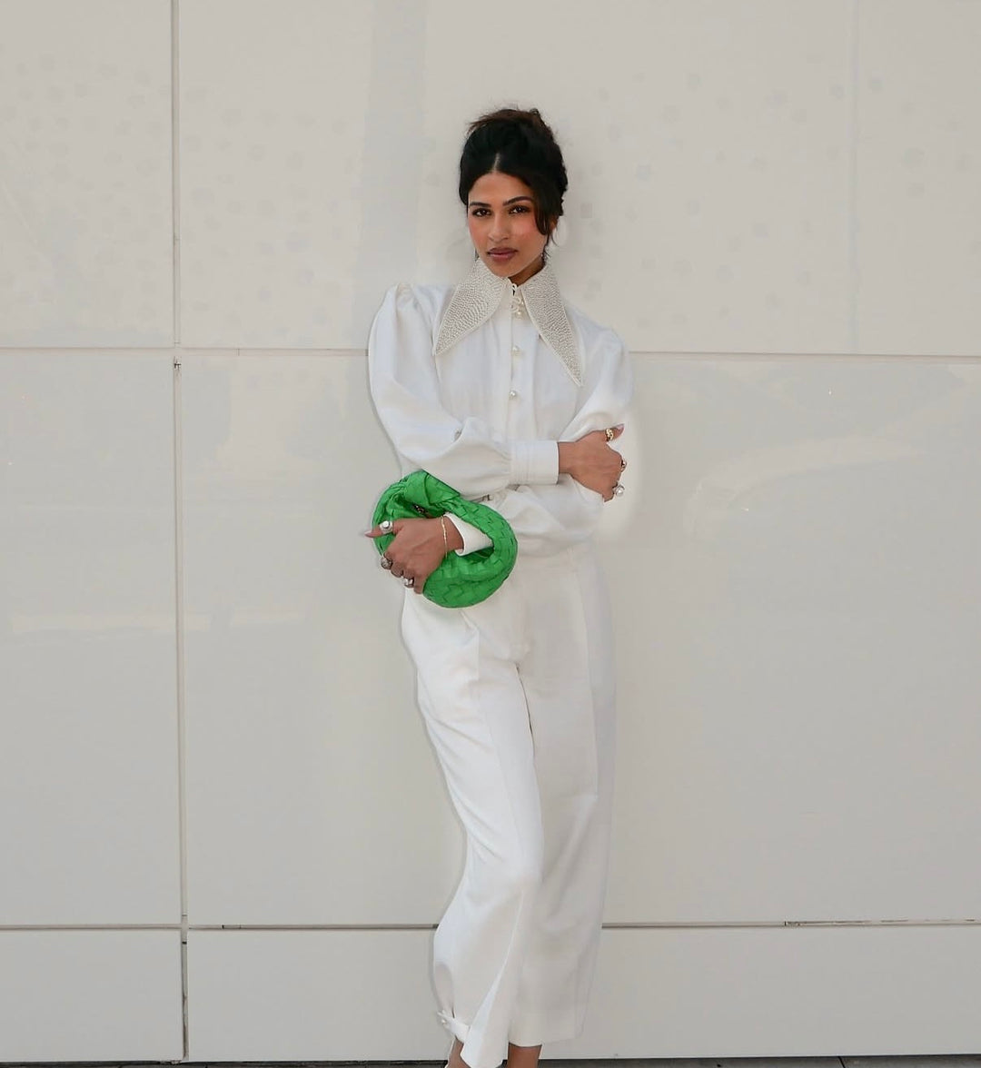 White Oversized Pearl Collar Shirt